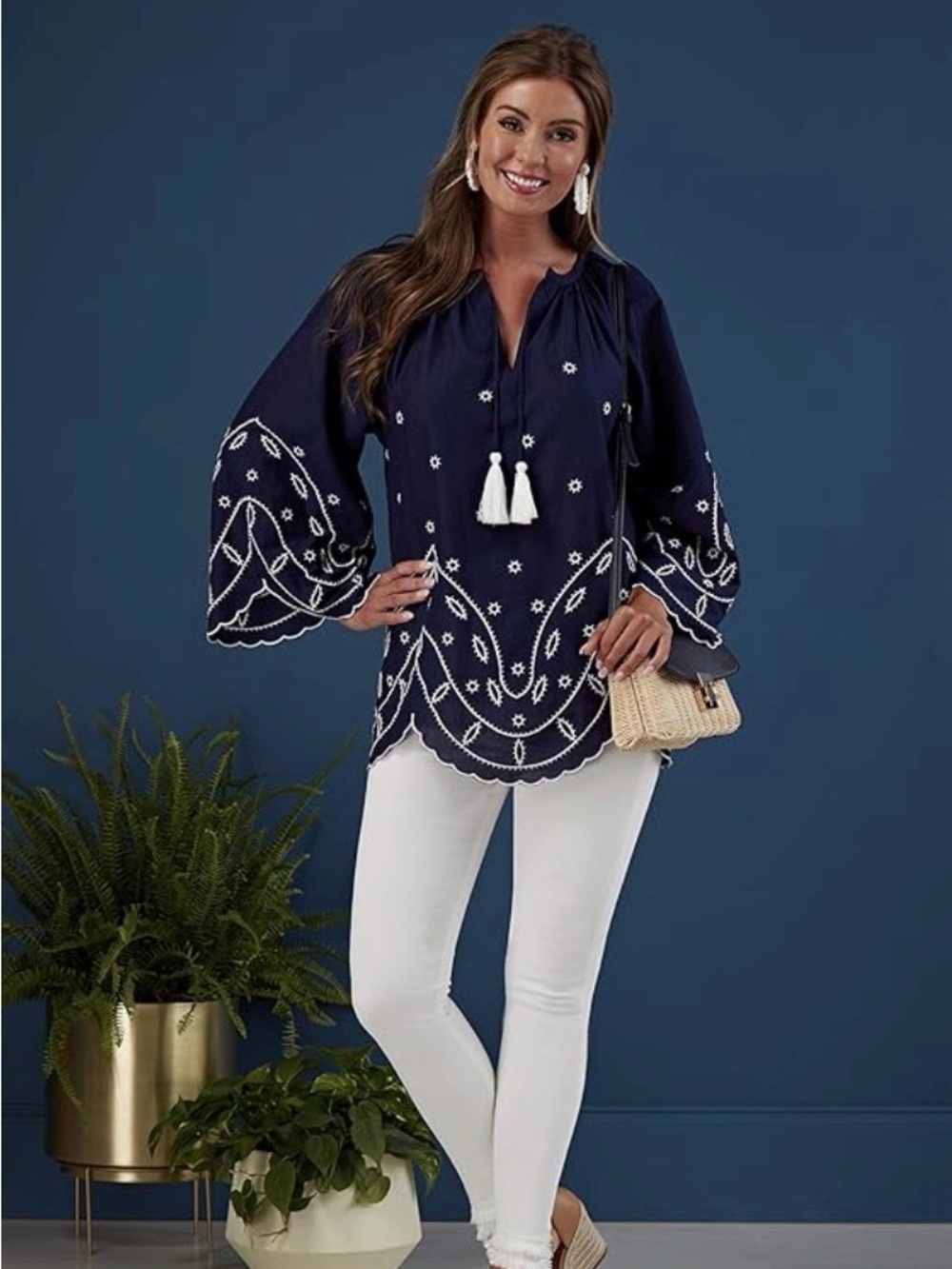 Mud Pie Navy Tunic with White Tassel Embroidery NWT